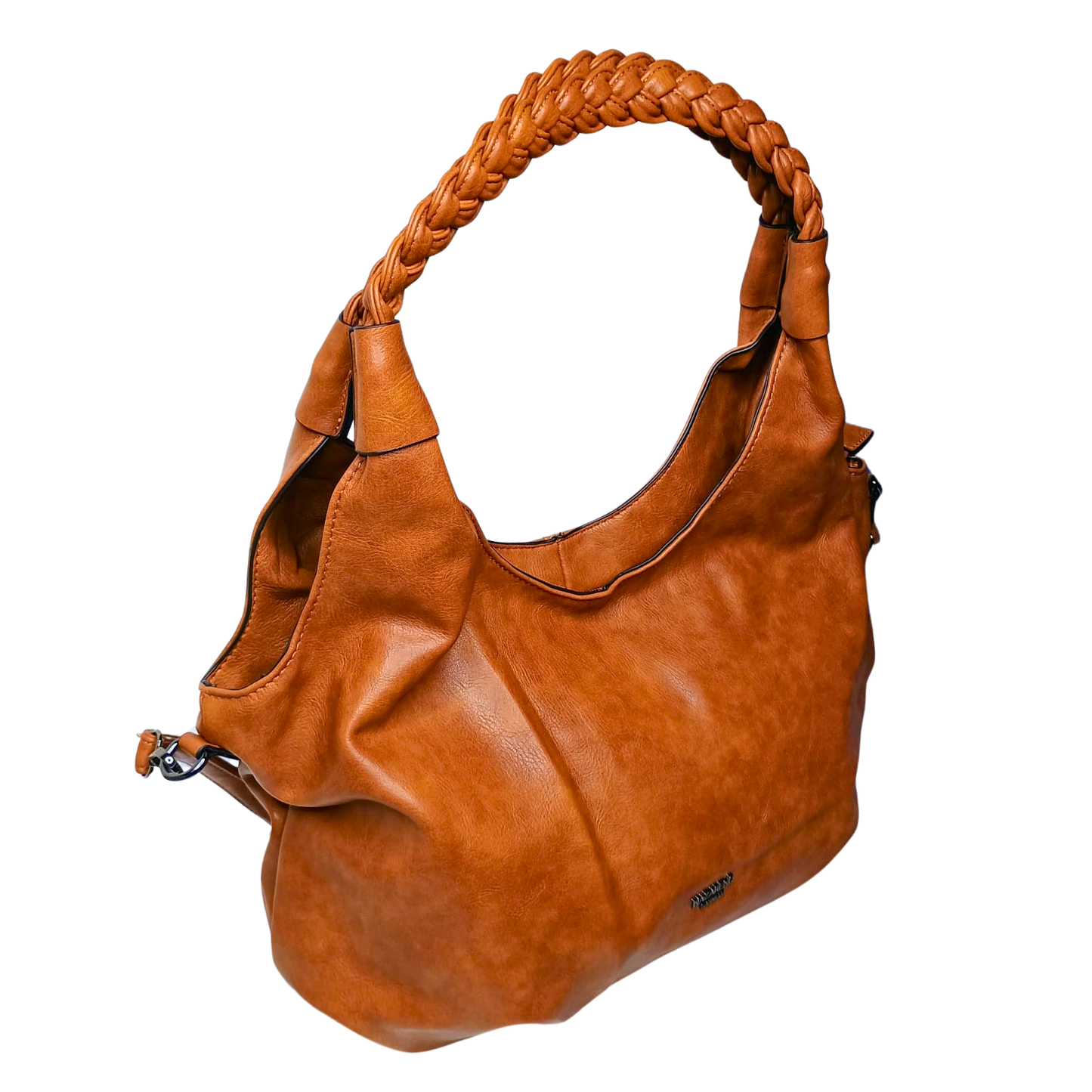 Brown leather handbag with braided handle on a white background