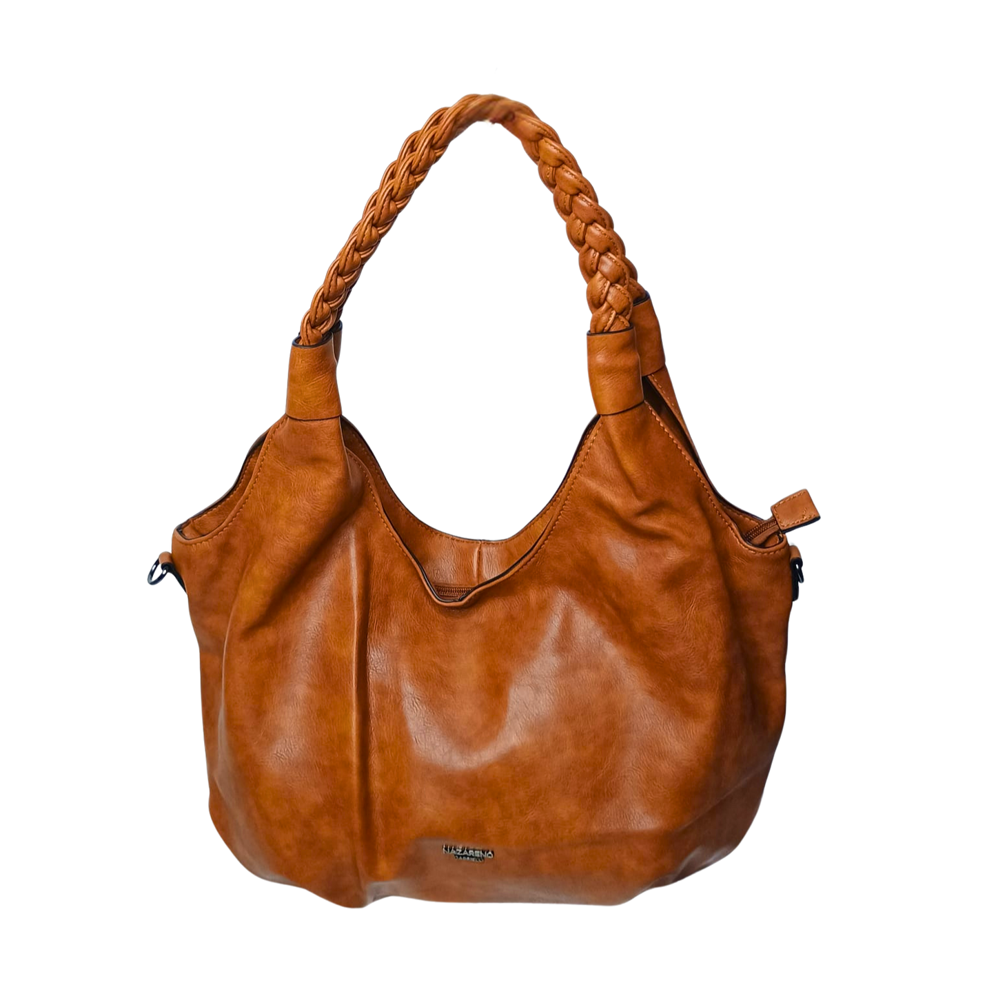 Brown leather handbag with braided handle on a white background