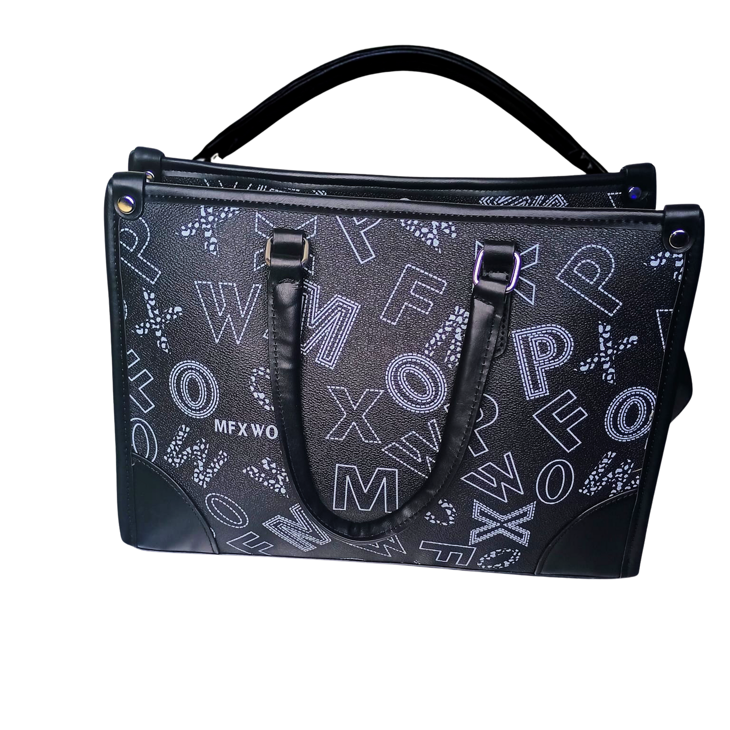 Black handbag with white lettering on a white background