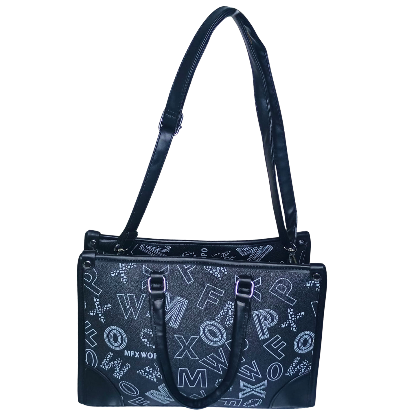 Black handbag with white lettering on a white background
