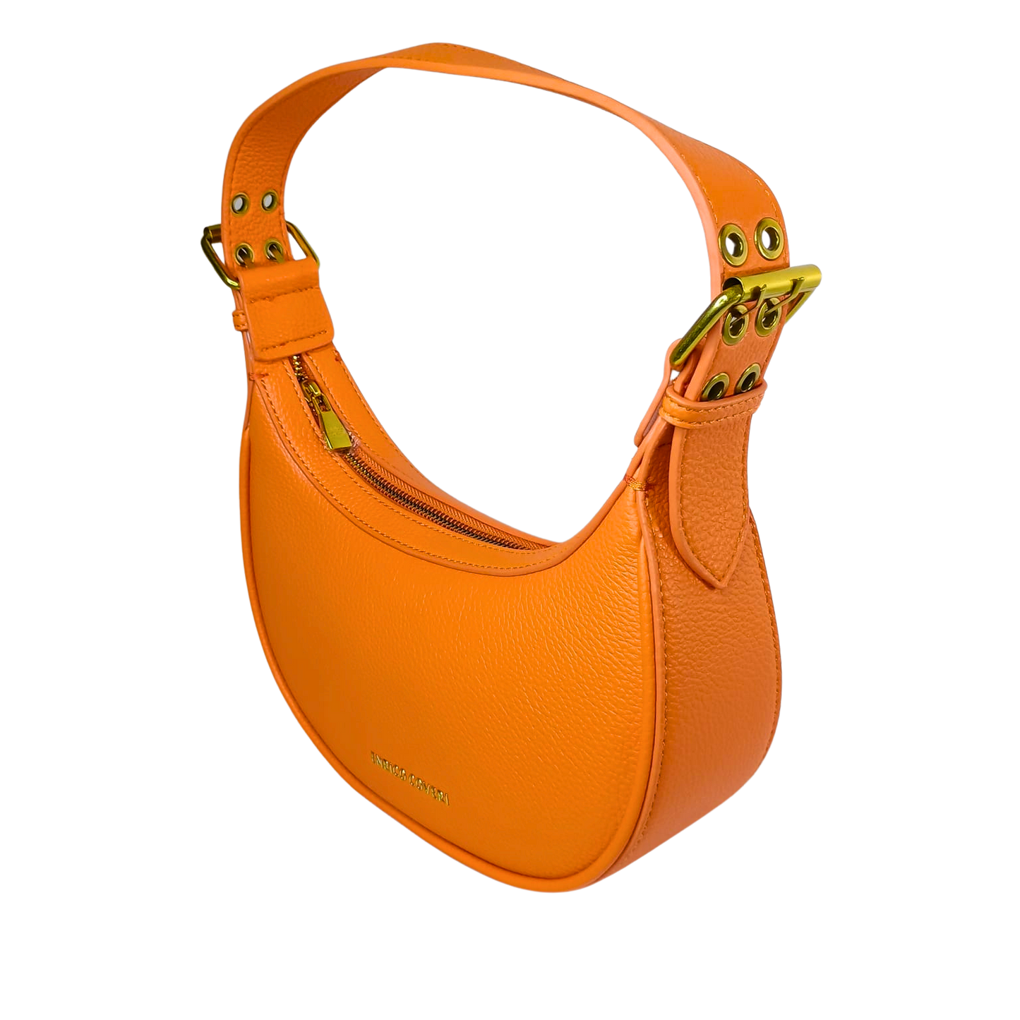 Orange handbag with gold accents on a white background