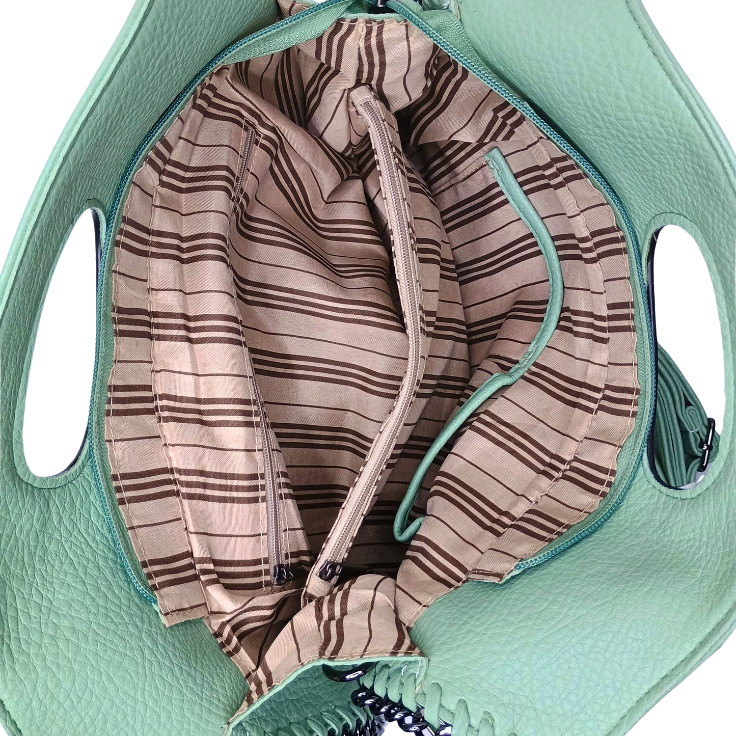 Close-up of a teal bag with a brown striped lining