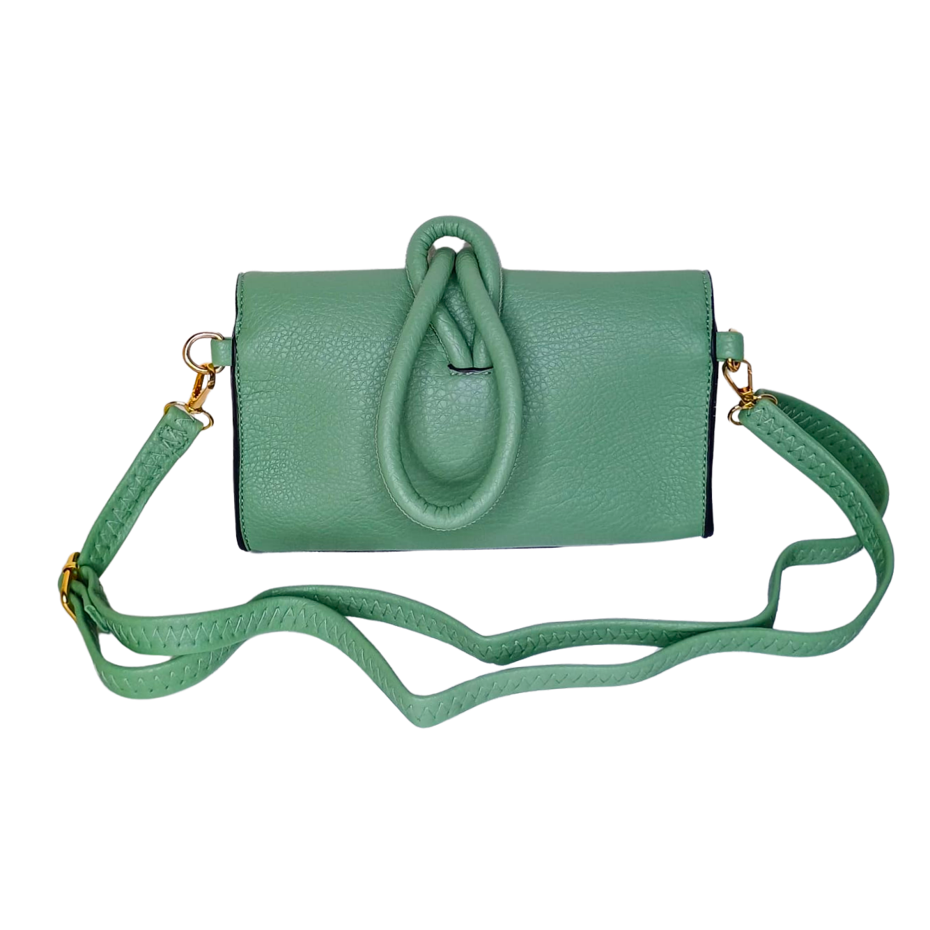 Green handbag with a strap on a white background