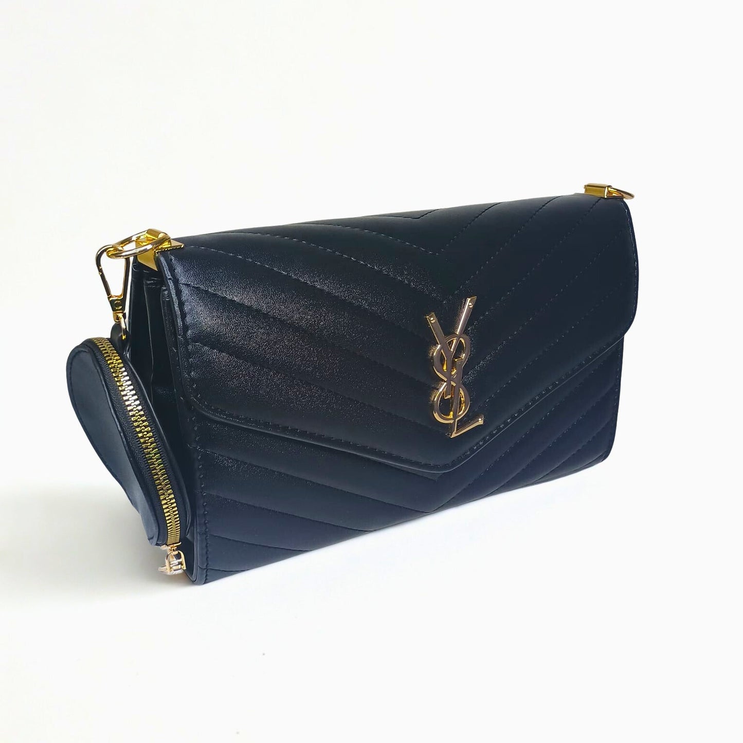 Navy blue handbag with gold accents on a white background