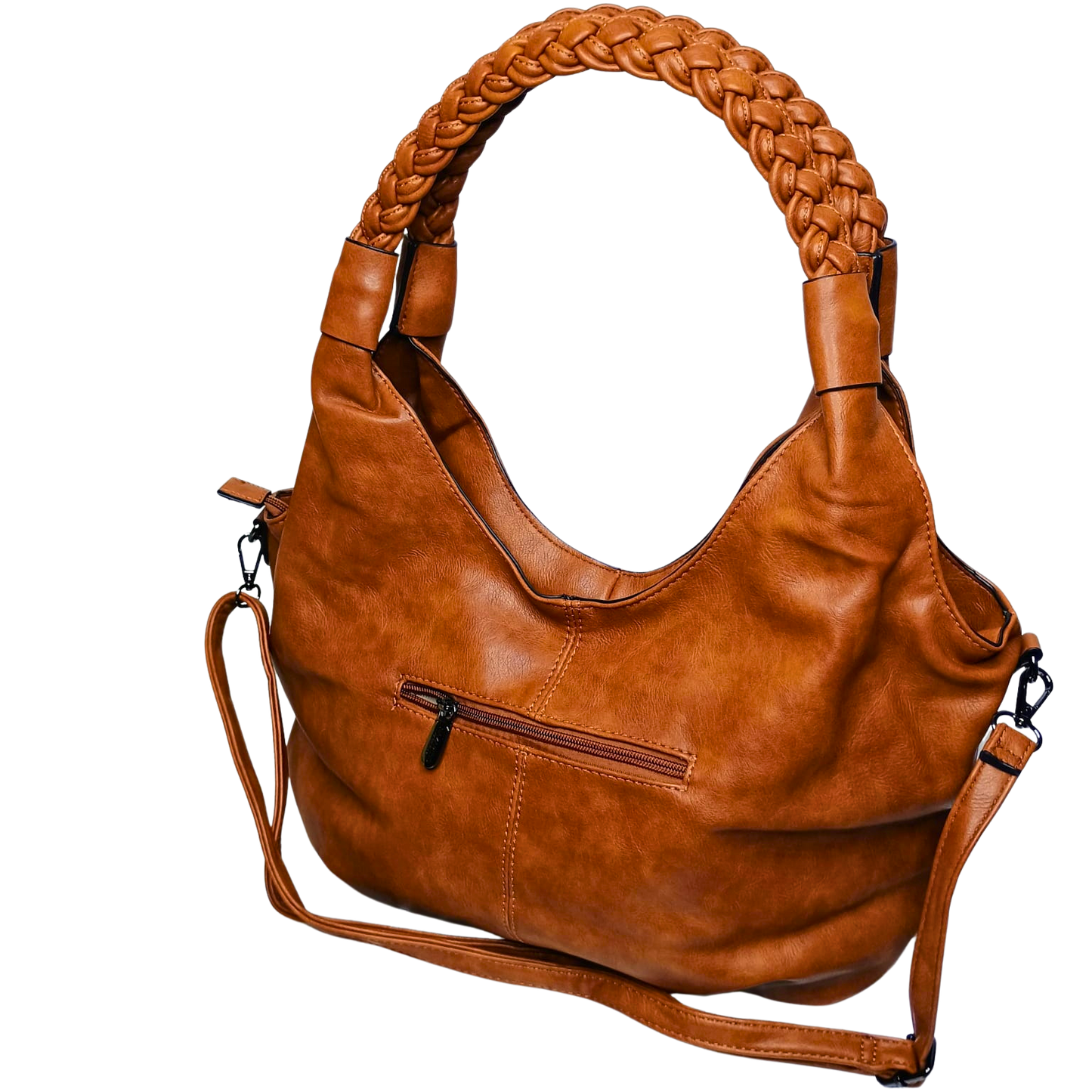 Brown leather handbag with braided handle on a white background