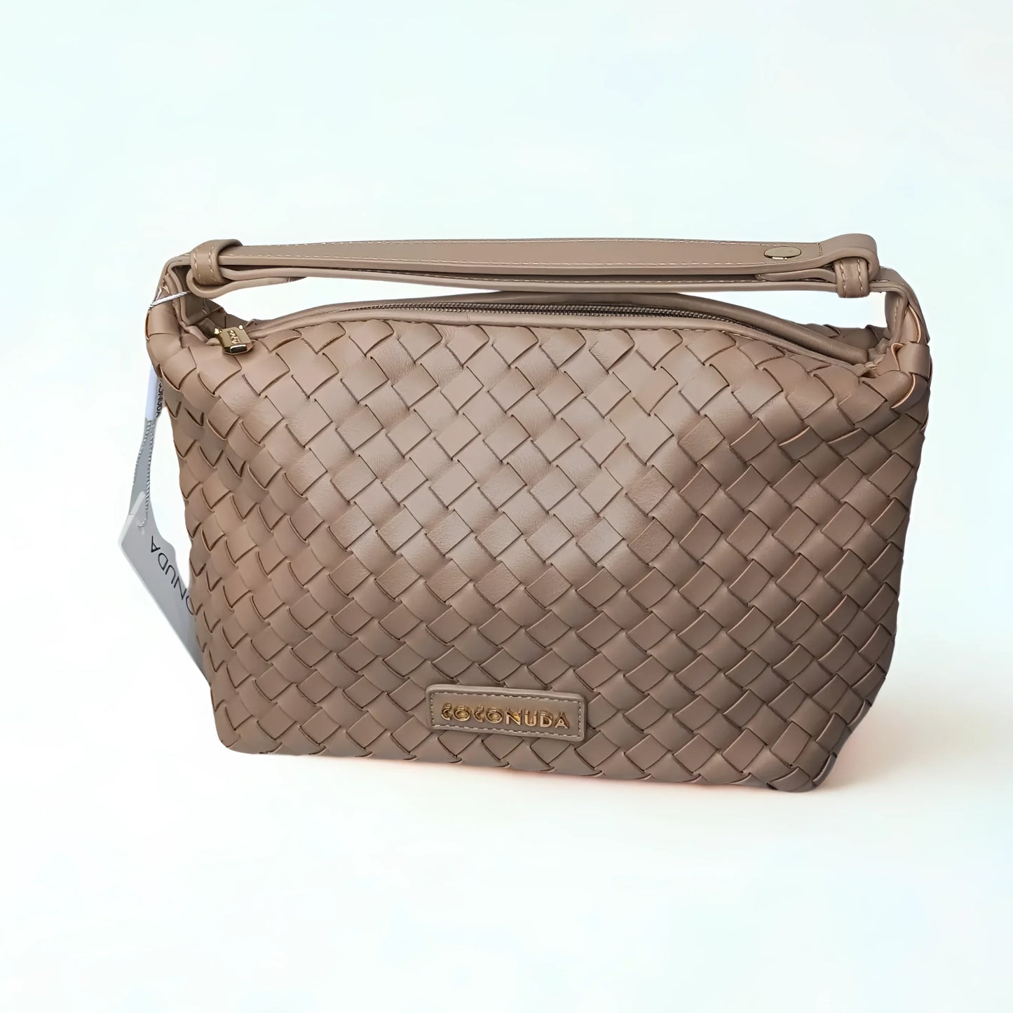 Beige woven handbag with visible brand name on a white background