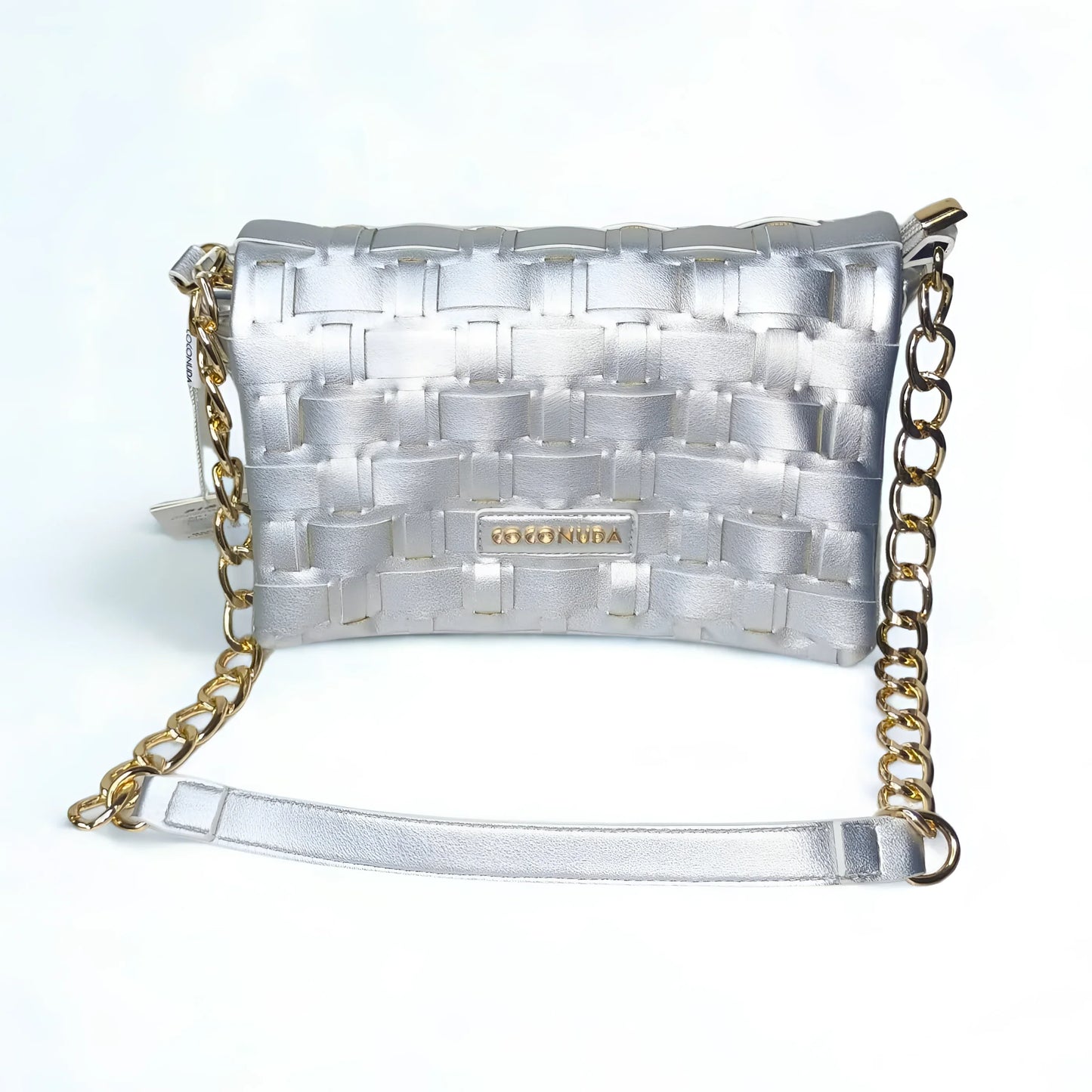 Silver woven Silva Leather Shoulder Bag with gold chain strap for elegant style