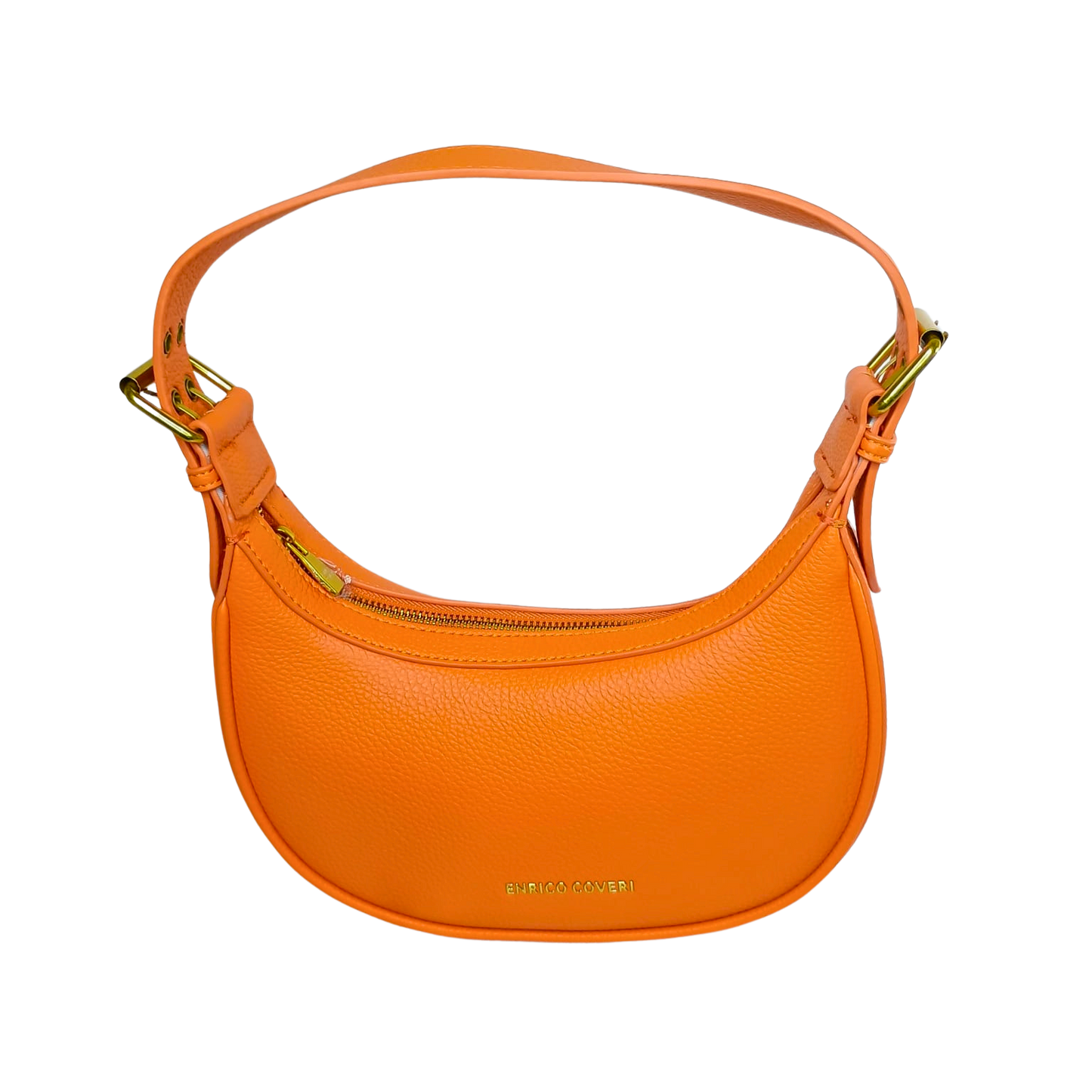 Orange handbag with gold accents on a white background