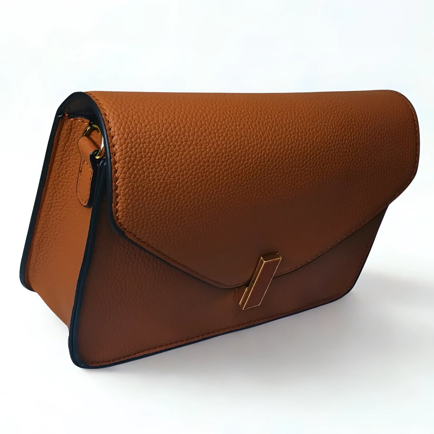 Brown leather handbag on a white background