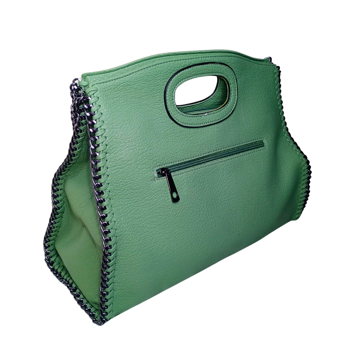 Green handbag with a chain detail on a white background