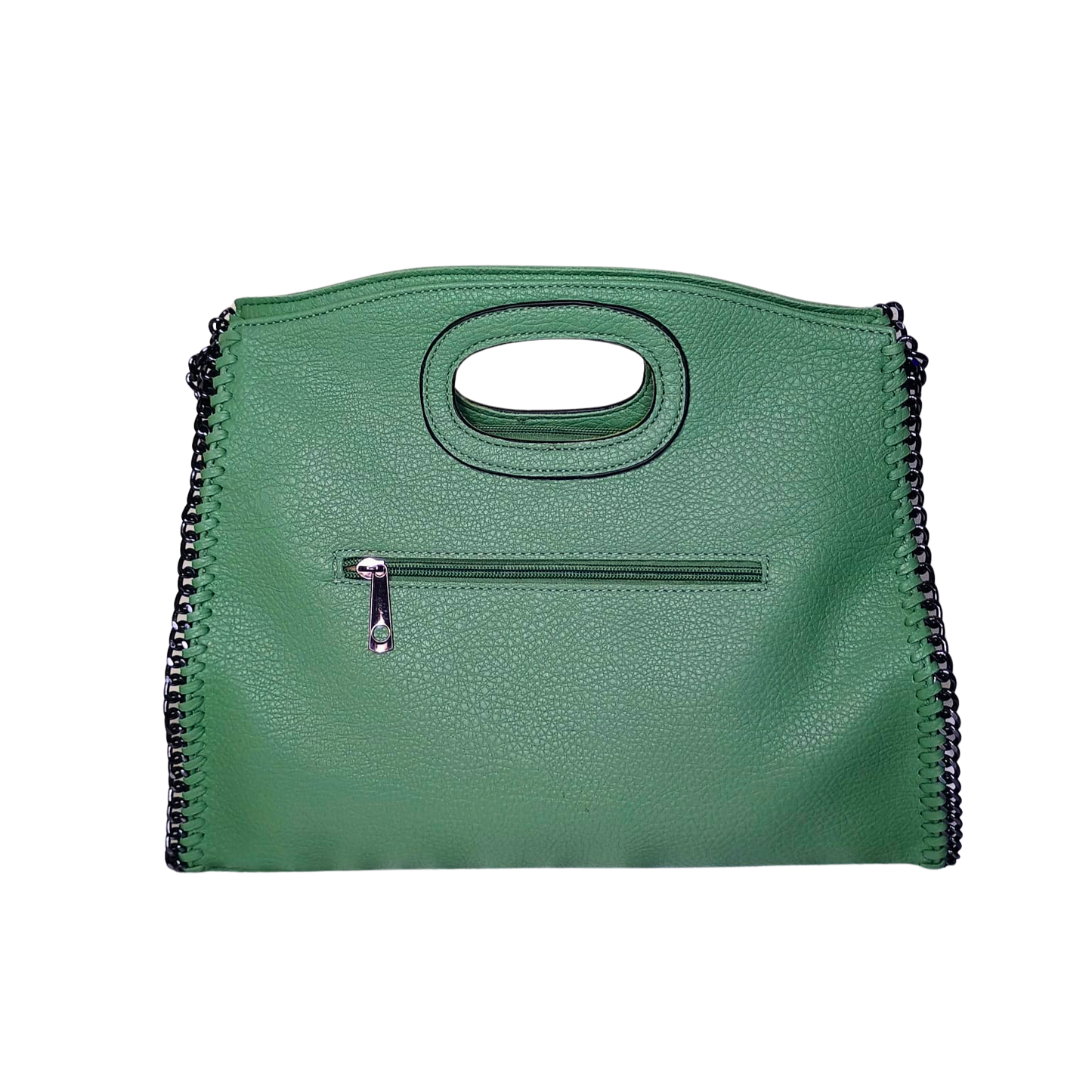Green handbag with black trim on a white background