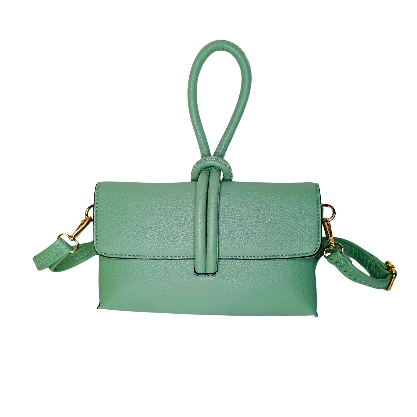Green handbag with a knot detail on a white background
