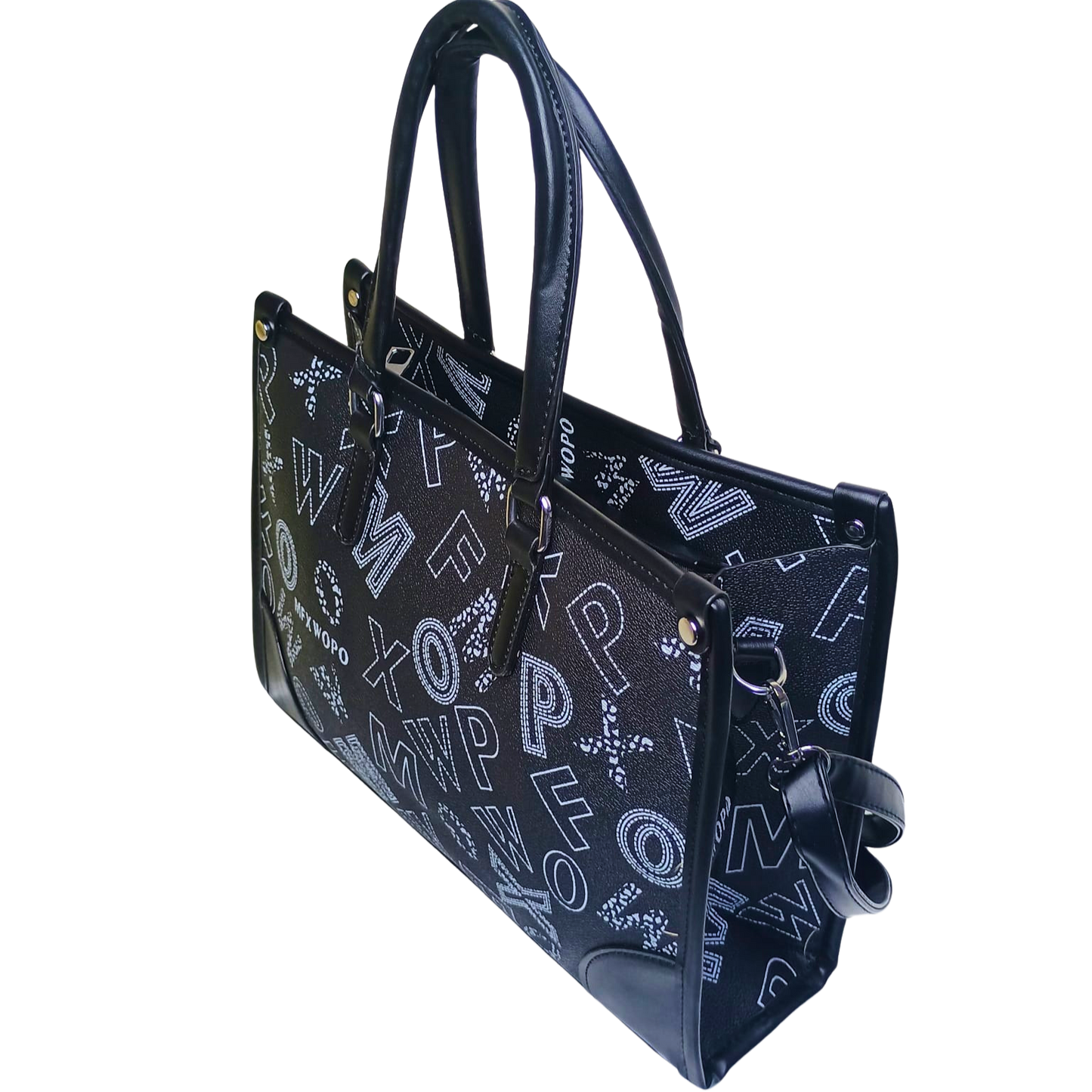 Black handbag with white lettering on a white background