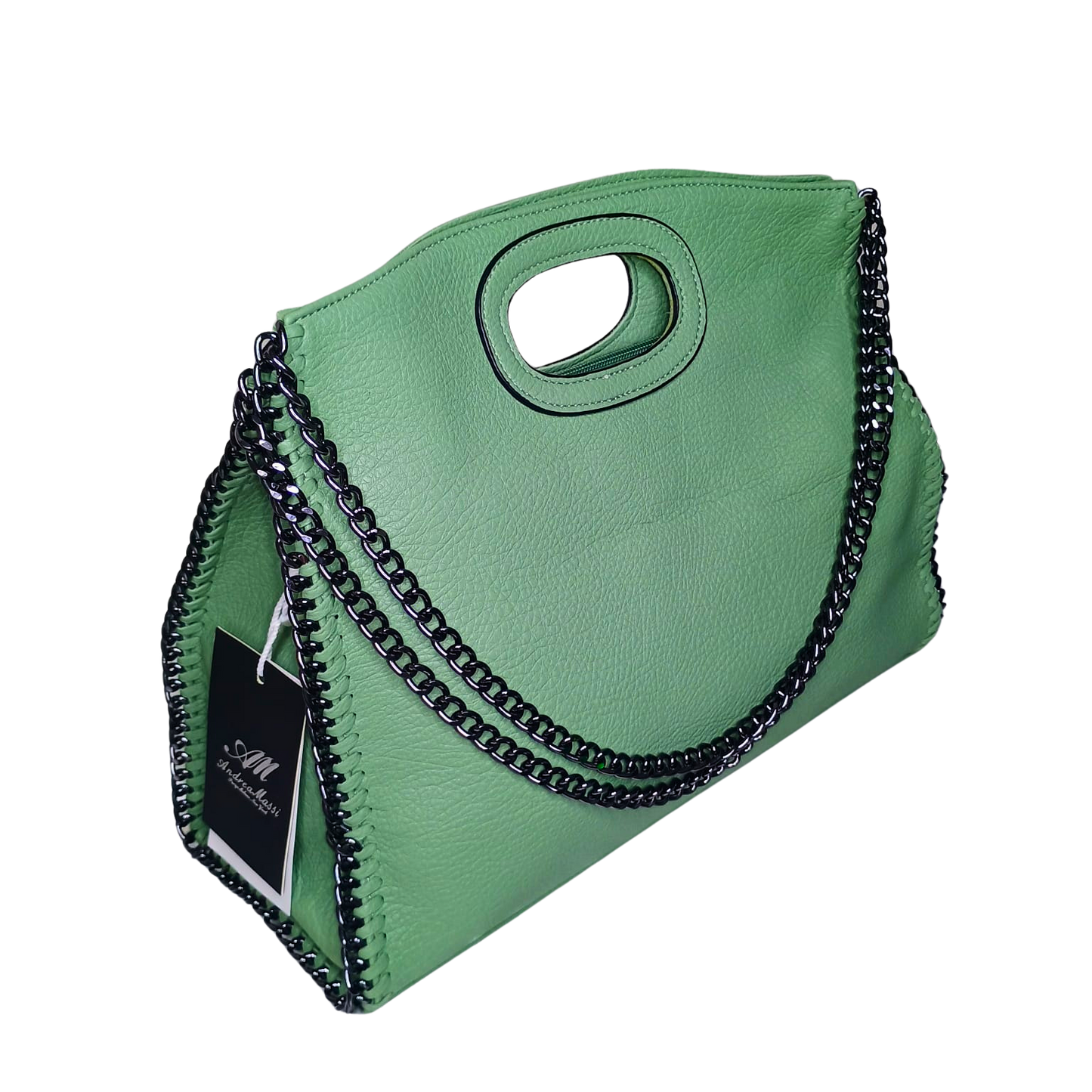 Green handbag with black chain detail on a white background