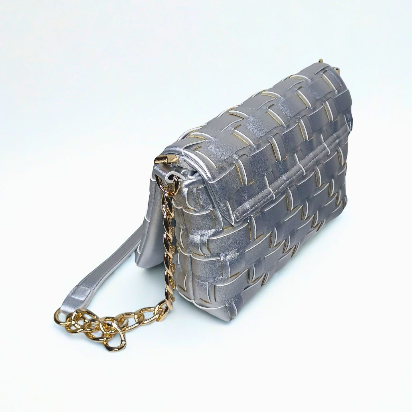 Gray woven Silva Leather Shoulder Bag with Gold Chain Strap for elegant leather shoulder style