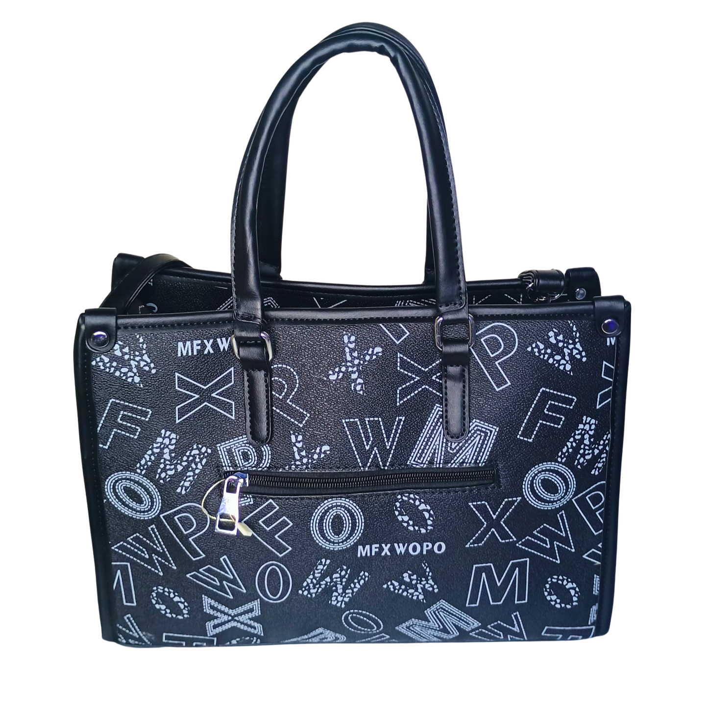 Black handbag with white lettering on a white background