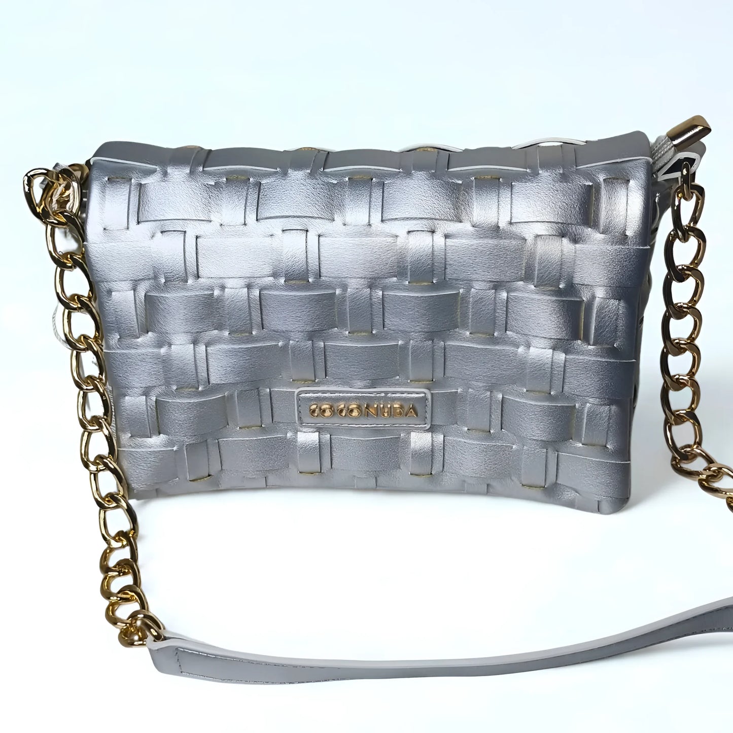 Silver woven Silva Leather Shoulder Bag with gold chain strap for elegant style