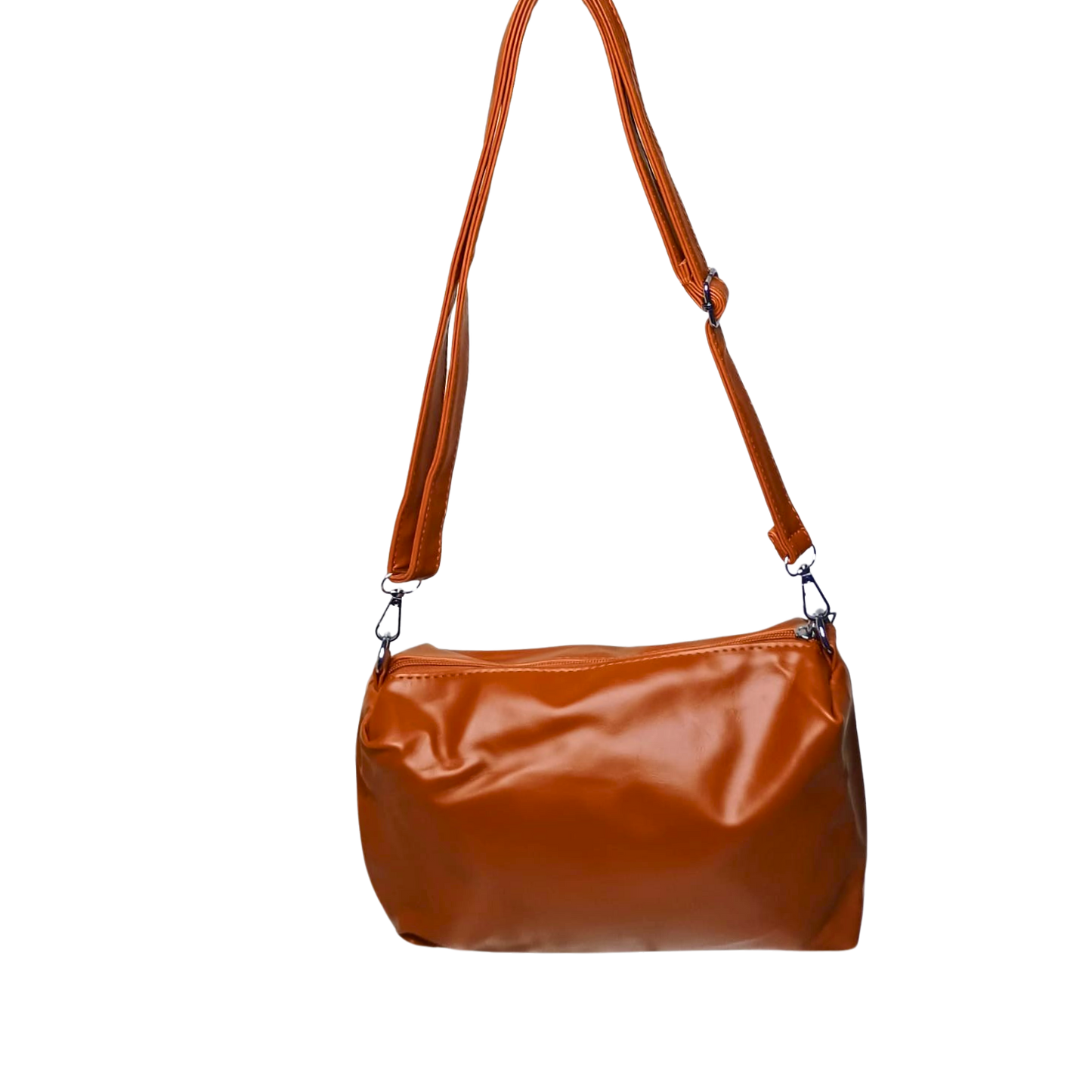 Brown leather handbag with a strap on a white background