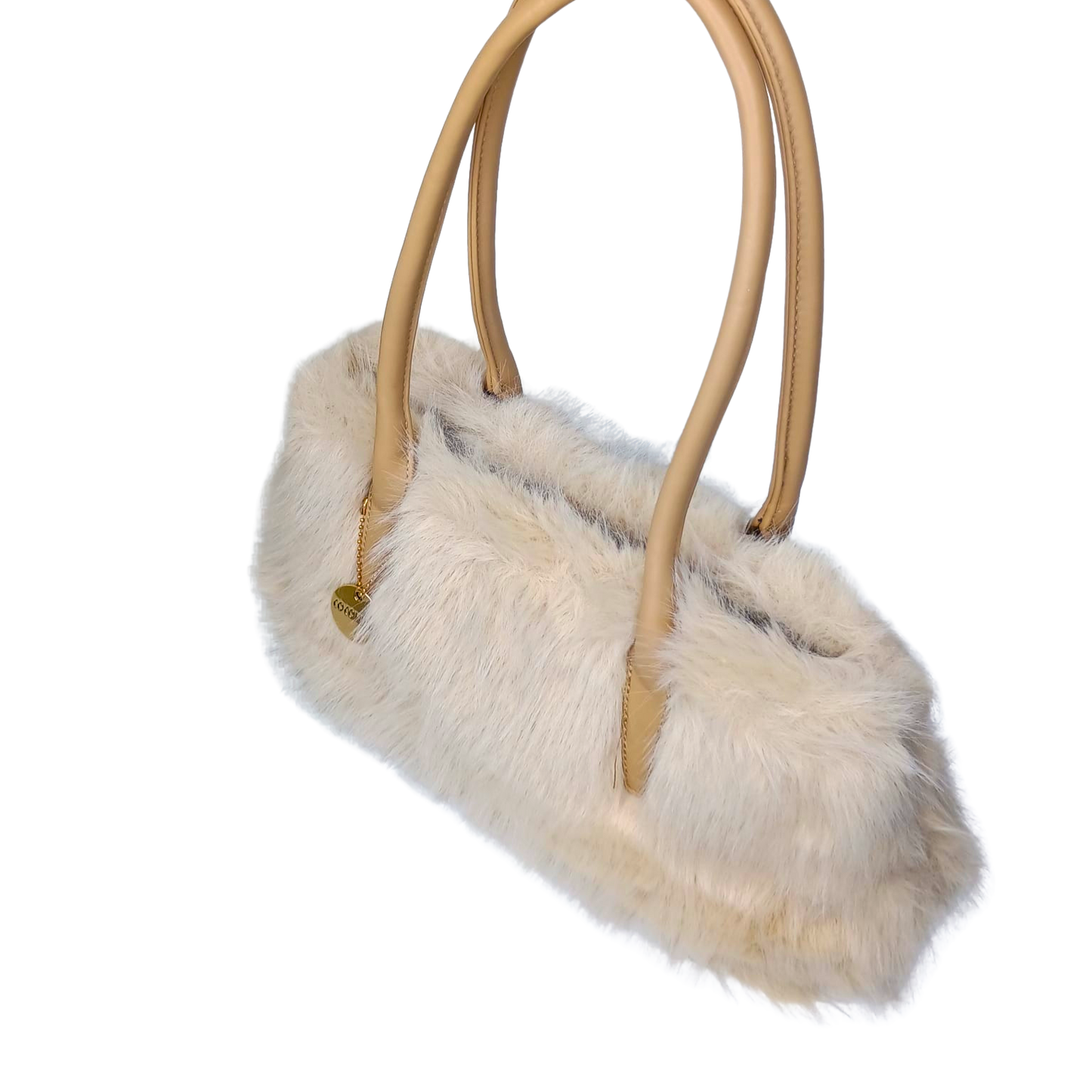 Handbag with fur detail and beige handles on a white background