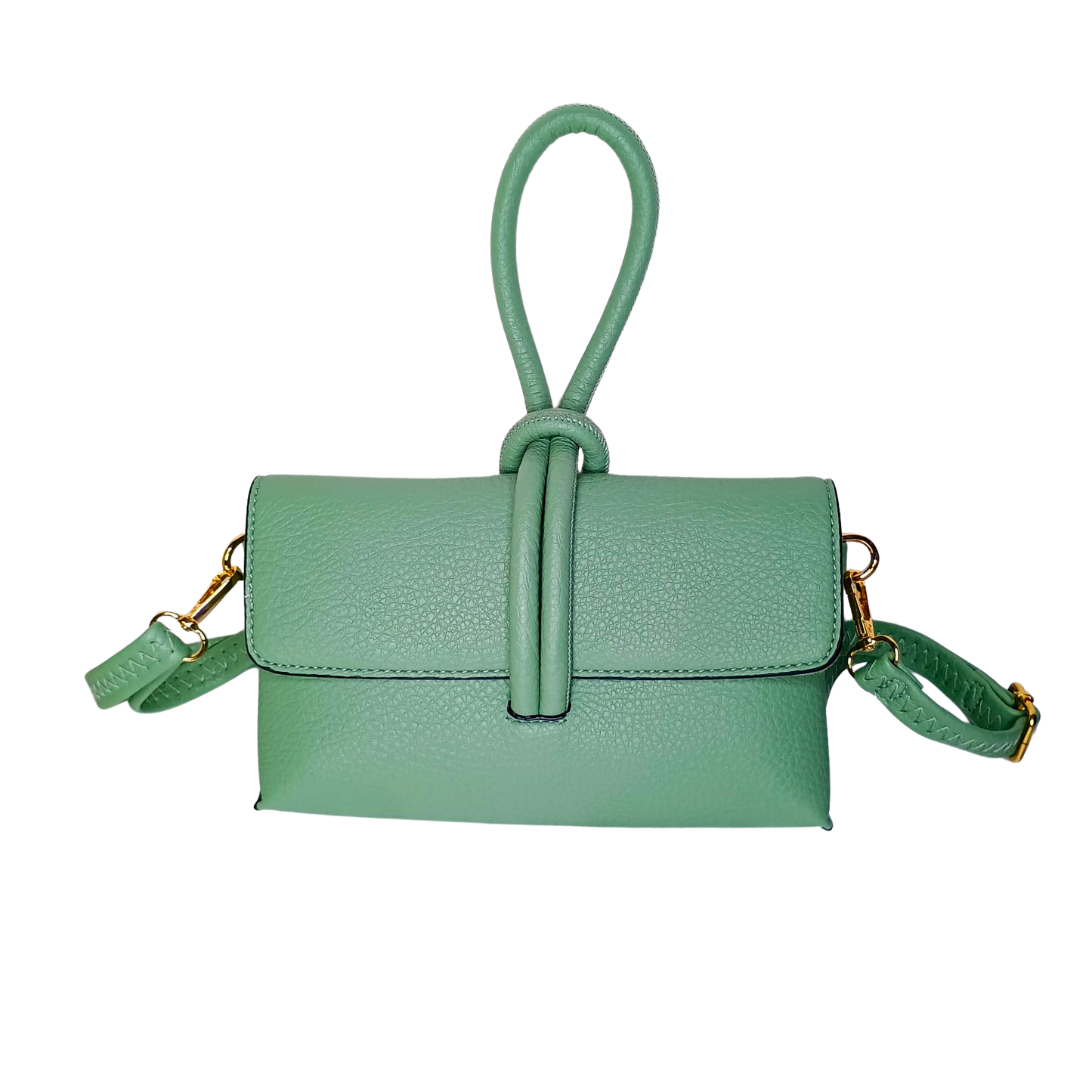 Green handbag with a knot detail on a white background