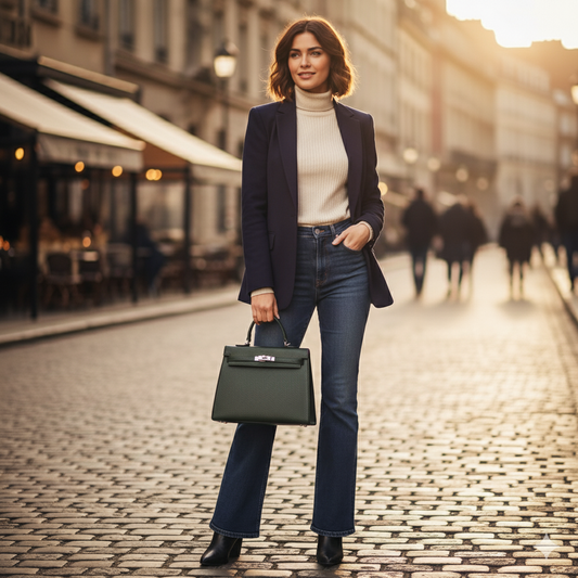 Woman walking down a street holding a black handbag, wearing a dark blazer and blue jeans.