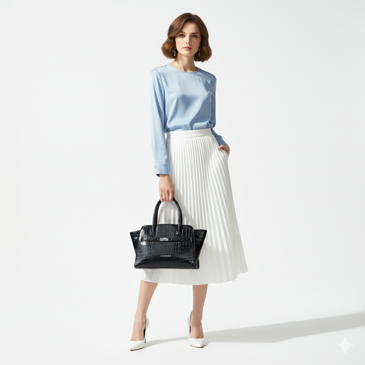 Woman holding a black handbag wearing a light blue top and white pleated skirt on a white background