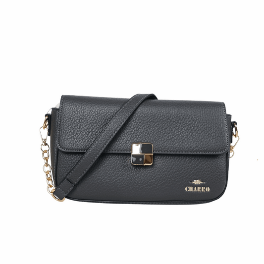 Black handbag with a gold chain and clasp on a white background