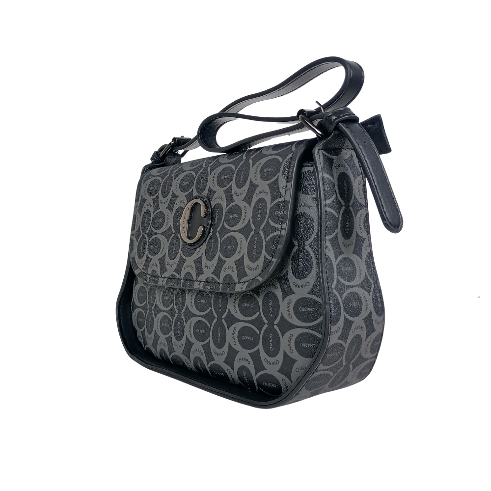 Gray patterned handbag with a brand logo on a white background