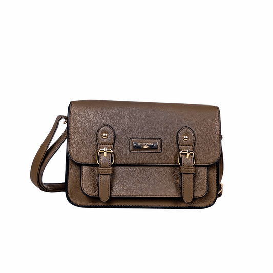 Brown leather satchel bag with gold accents on a white background