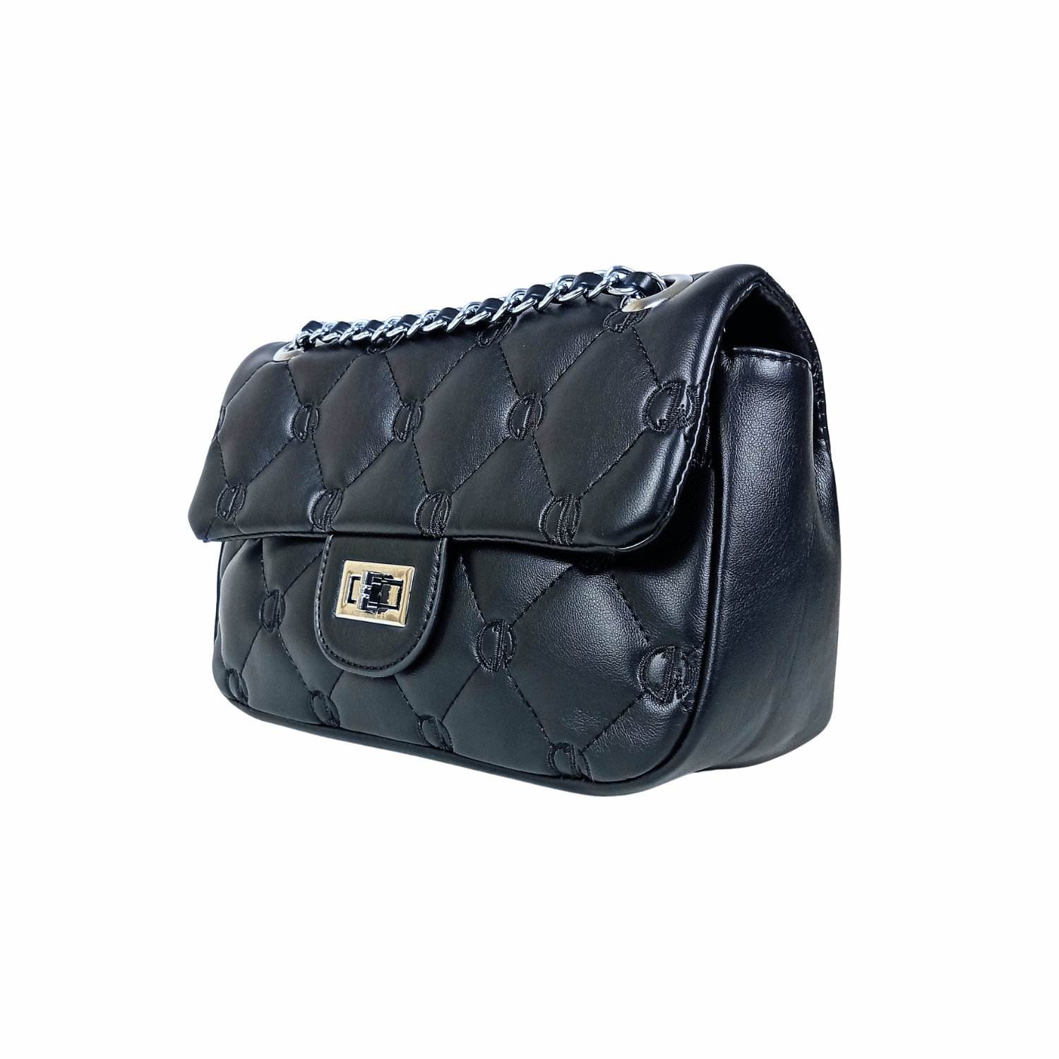 Black quilted handbag with gold clasp on a white background