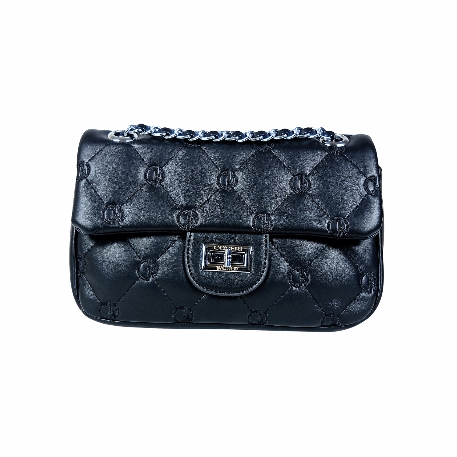 Black quilted handbag with a chain strap on a white background
