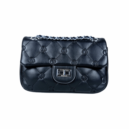 Black quilted handbag with a chain strap on a white background