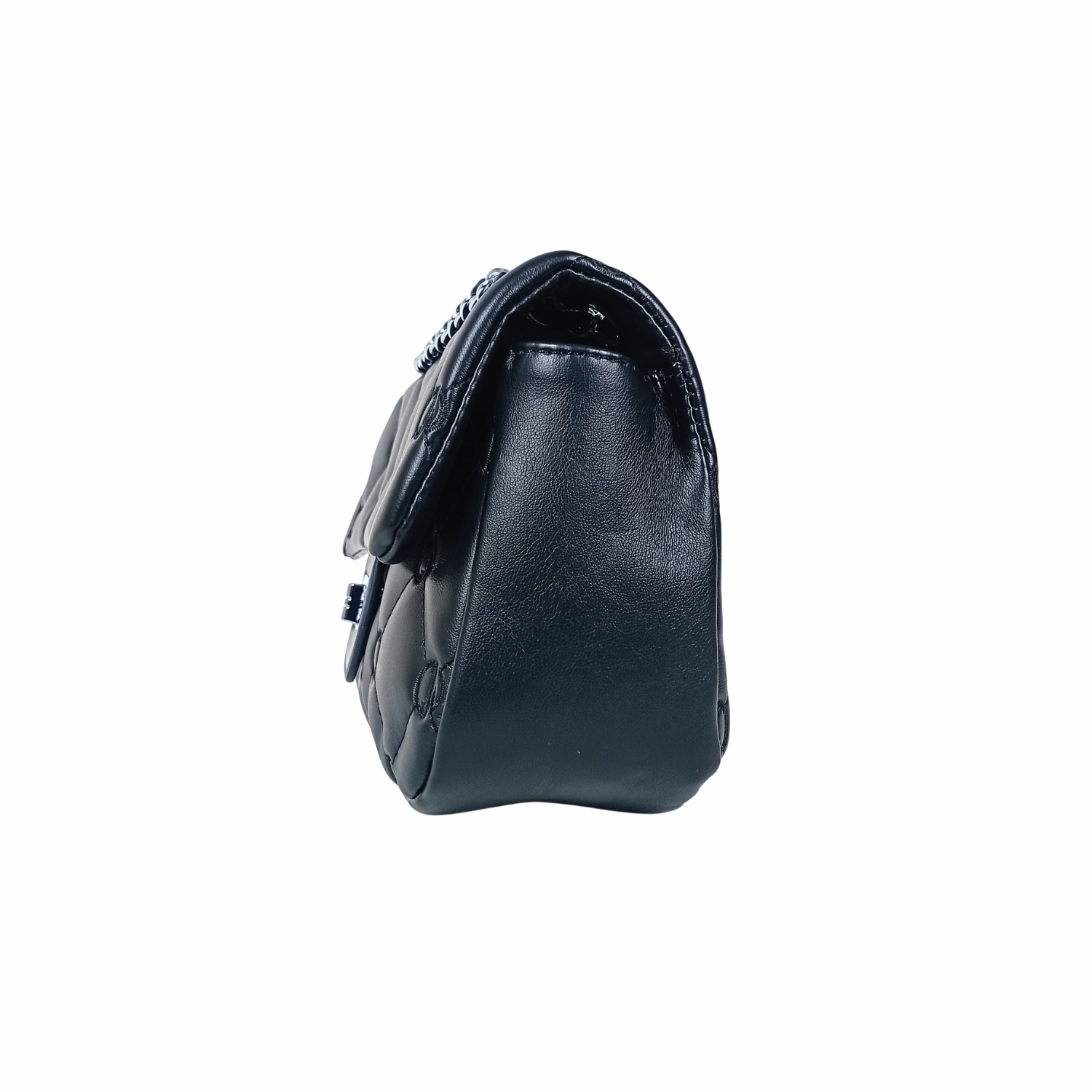Black leather bag with decorative elements on a white background