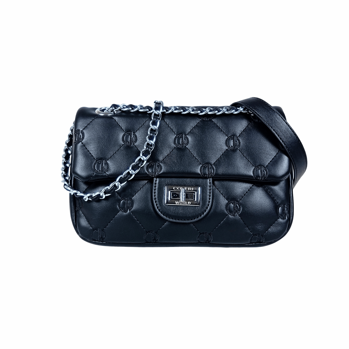 Black quilted handbag with silver chain on a white background