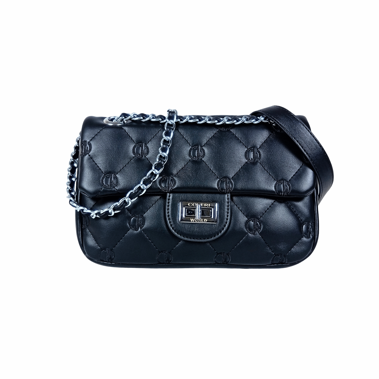 Black quilted handbag with silver chain on a white background