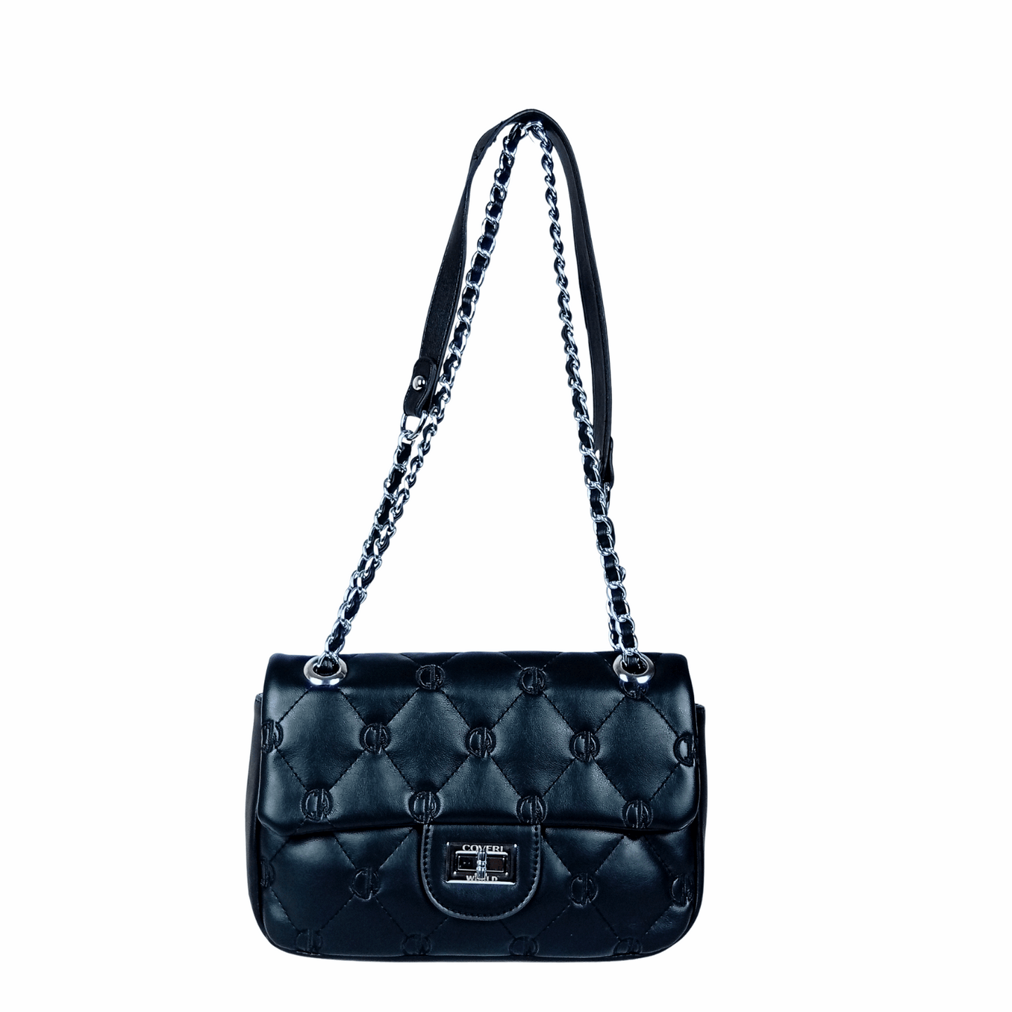 Black quilted handbag with chain strap on a white background