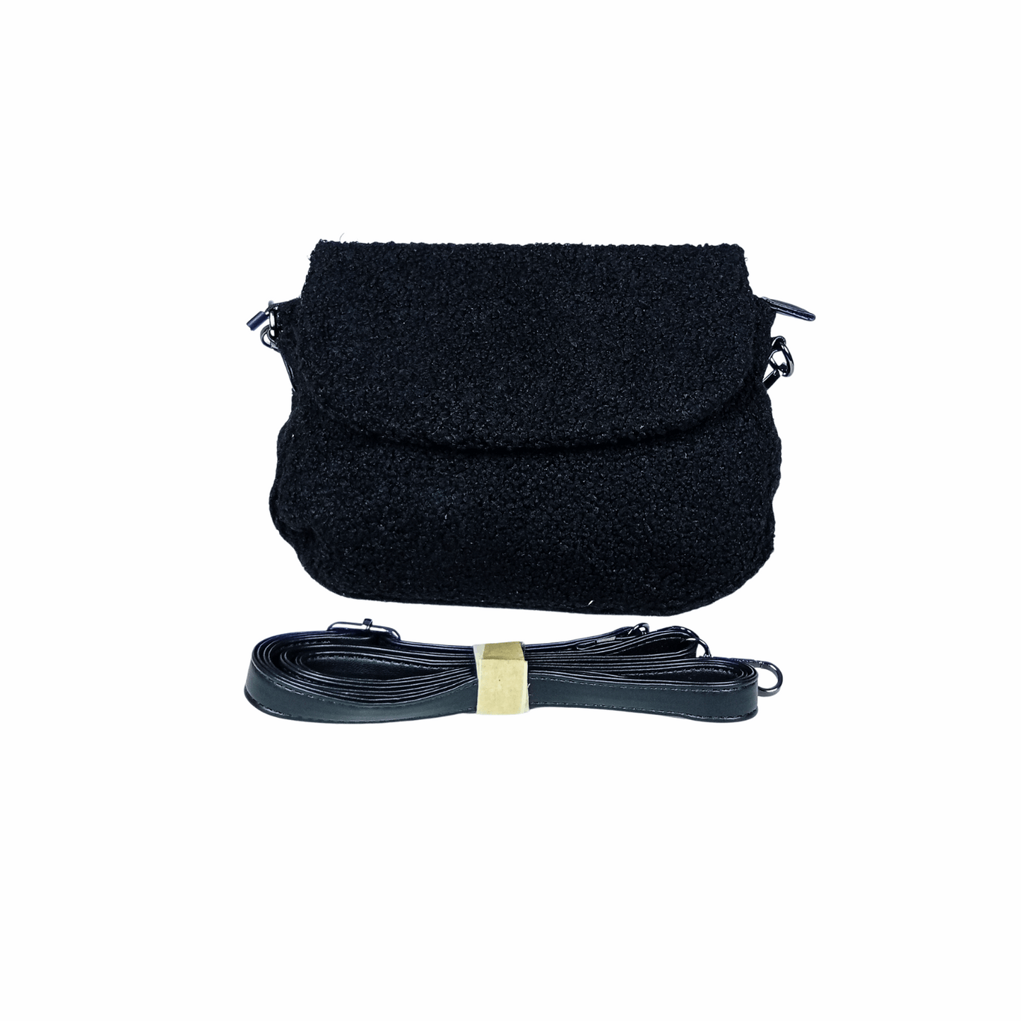 Black woven bag with a strap on a white background