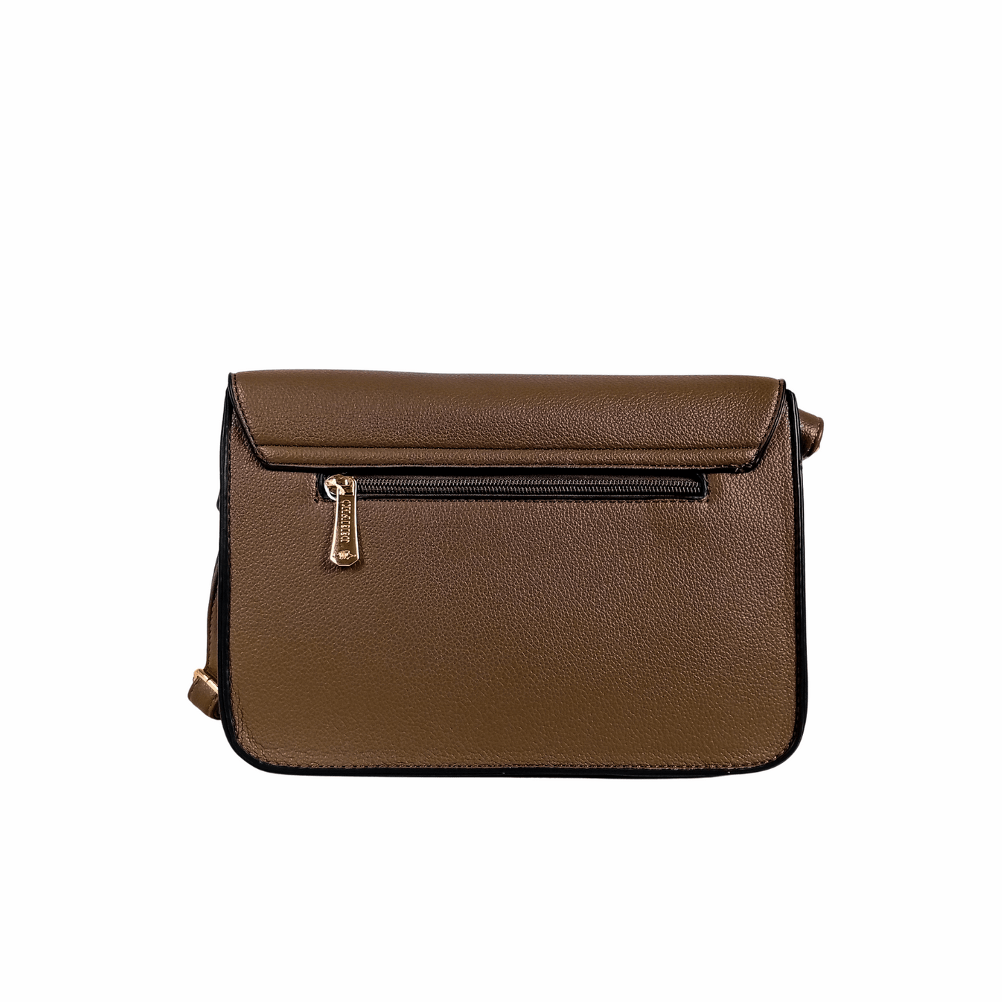 Brown leather handbag with a gold zipper on a white background