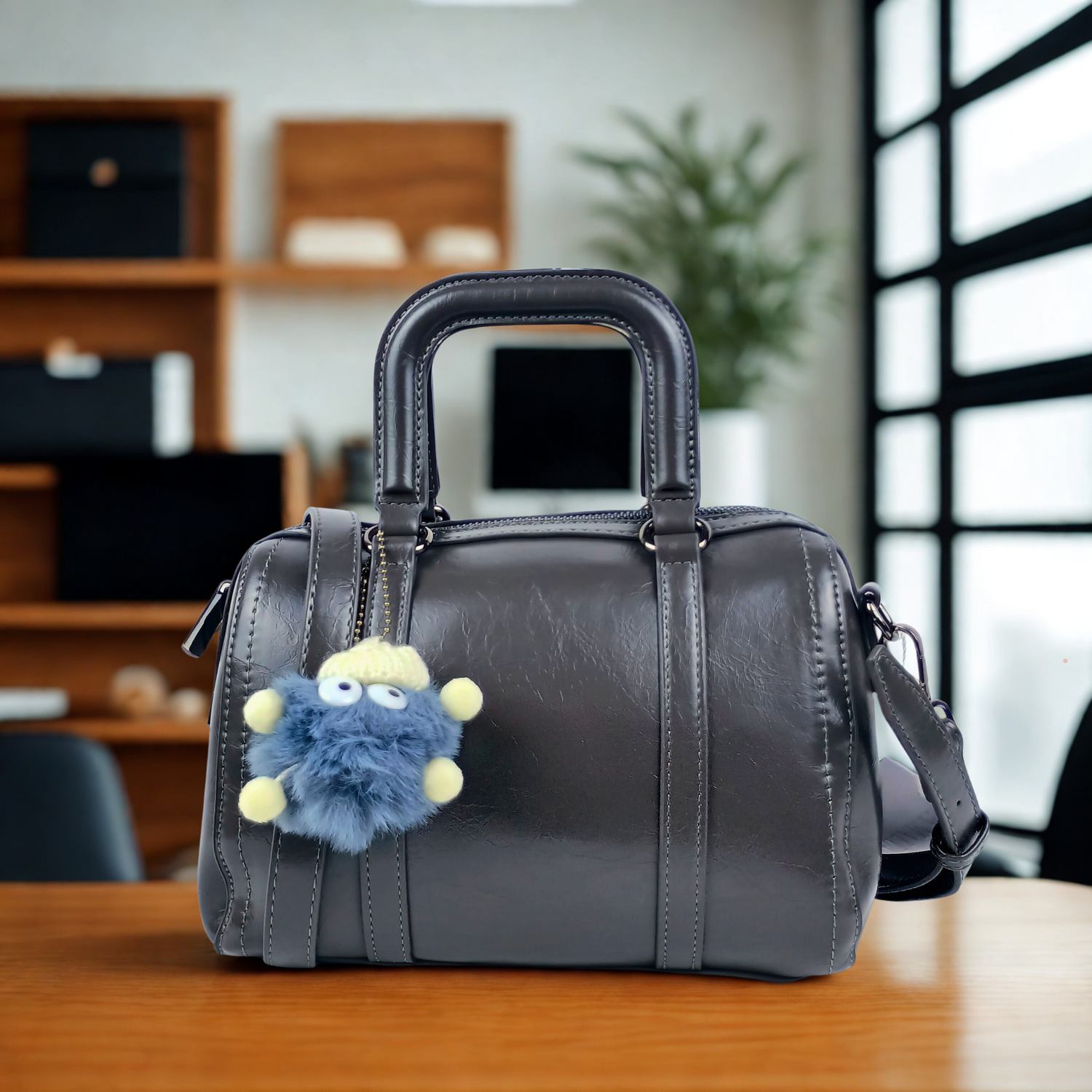 Gray handbag with a blue and yellow plush toy on a wooden surface