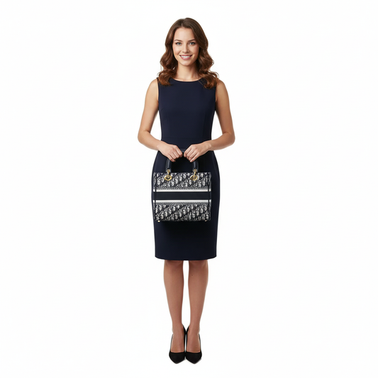 Woman wearing a navy dress with a patterned clutch on a white background