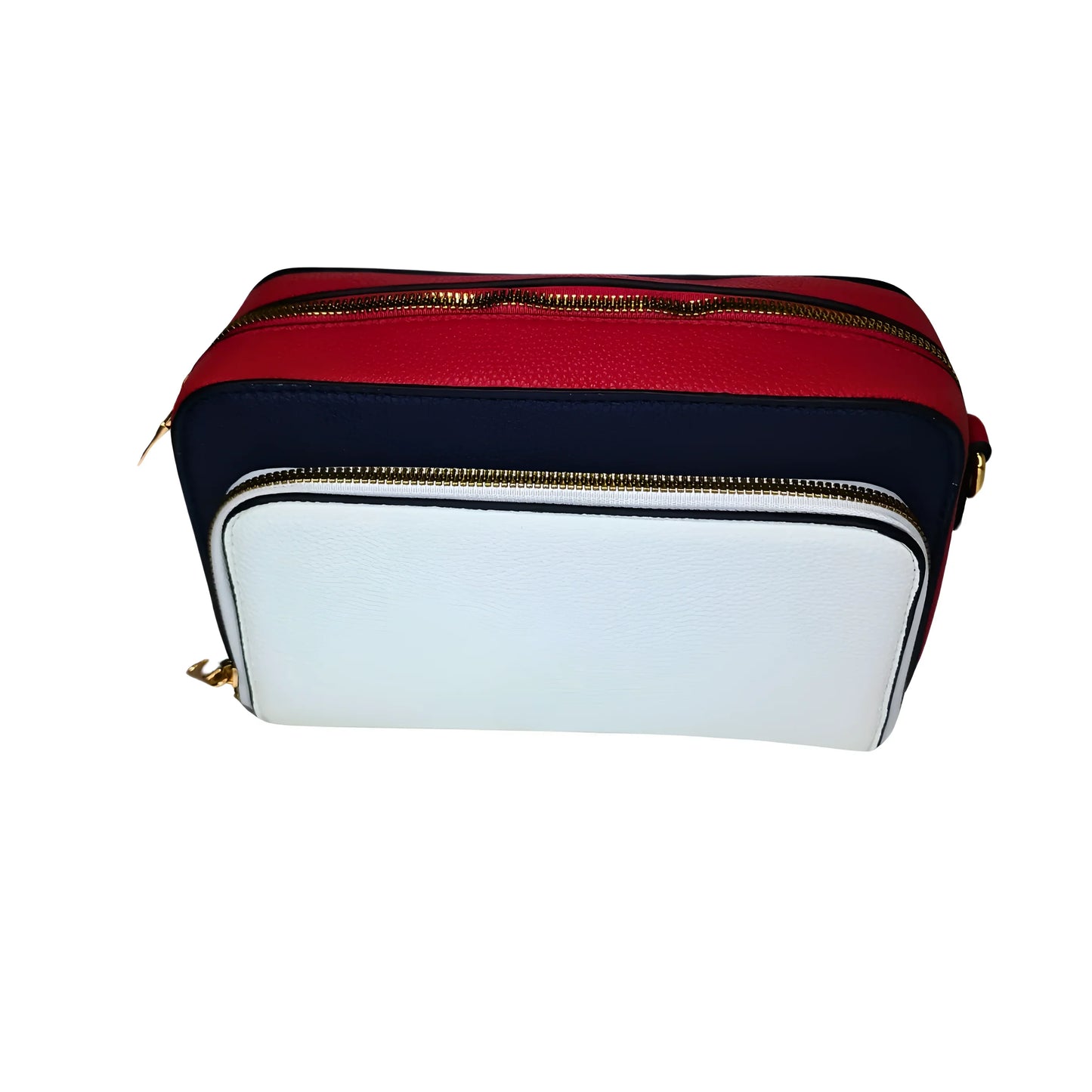 Multicolored cosmetic bag with red, white, and navy sections on a white background