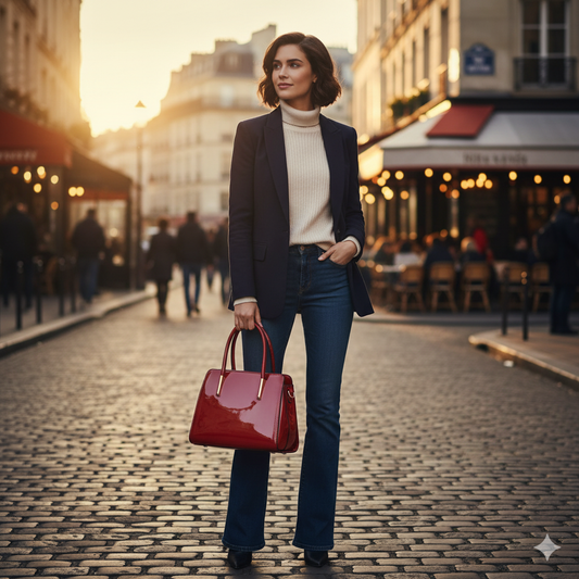 Woman holding a red handbag on a city street