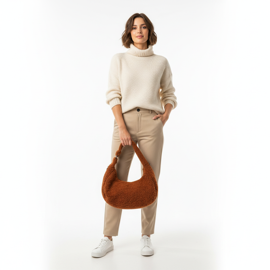 Woman holding a brown handbag wearing a beige sweater and pants on a white background