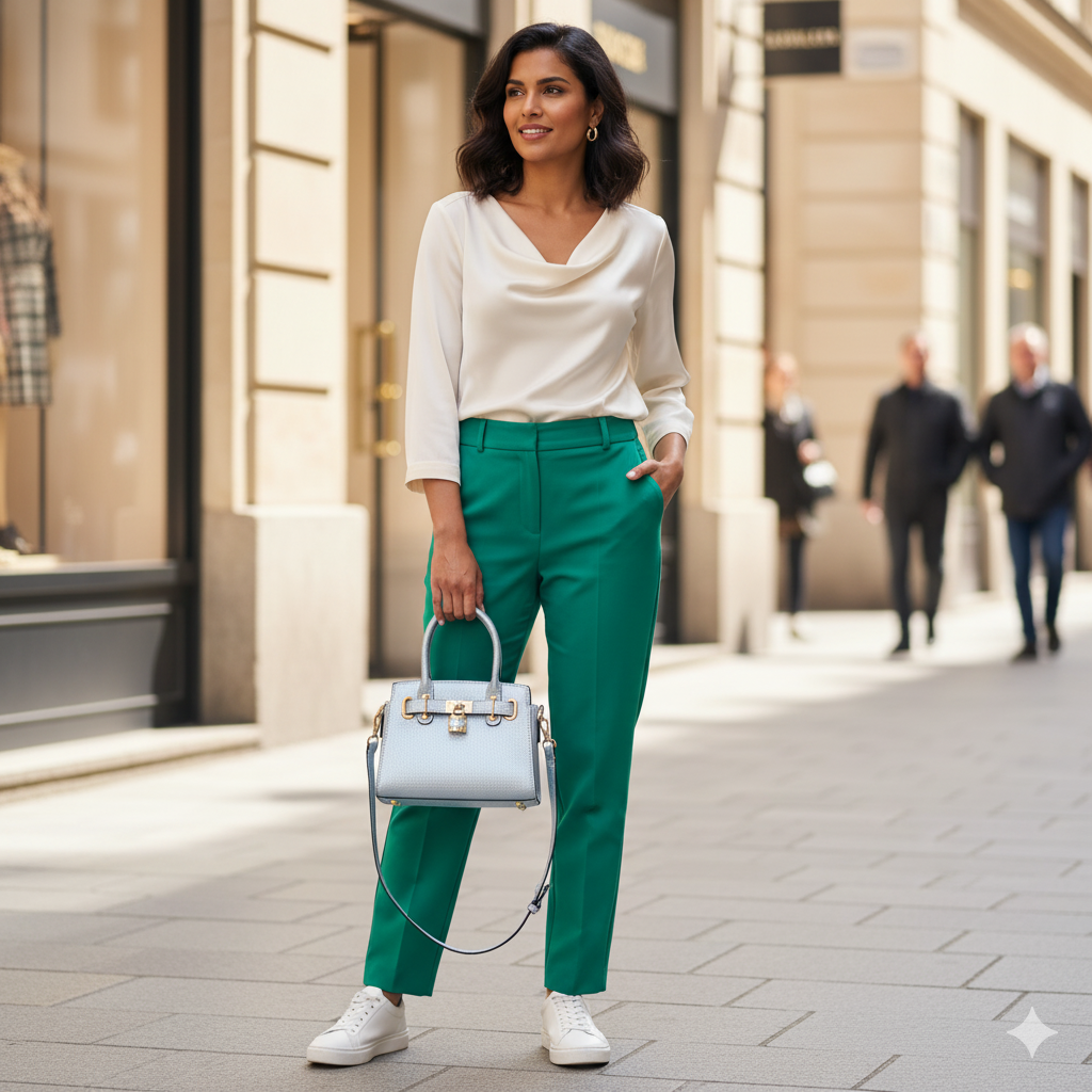 Woman in a white top and green pants walking on a city street with a light blue handbag.