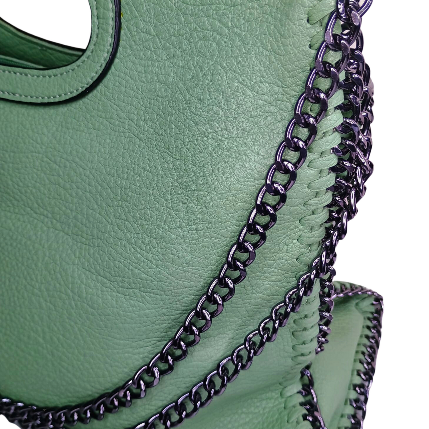Green handbag with a black chain detail on a white background