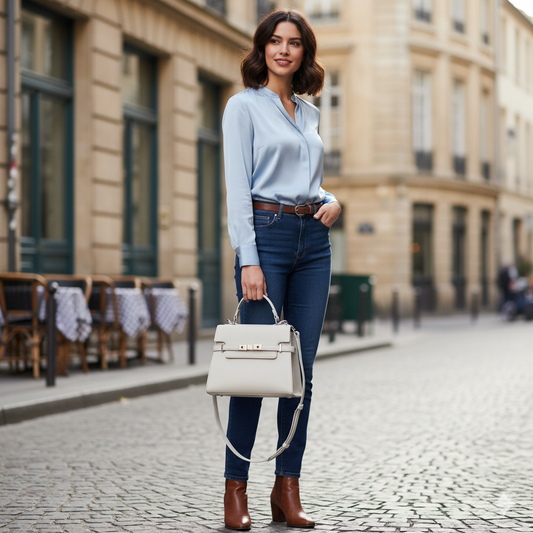 Woman in light blue shirt and dark jeans holding a white handbag on a city street.