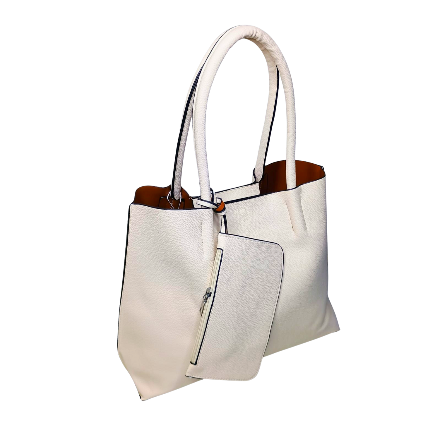 White handbag with brown interior on a white background