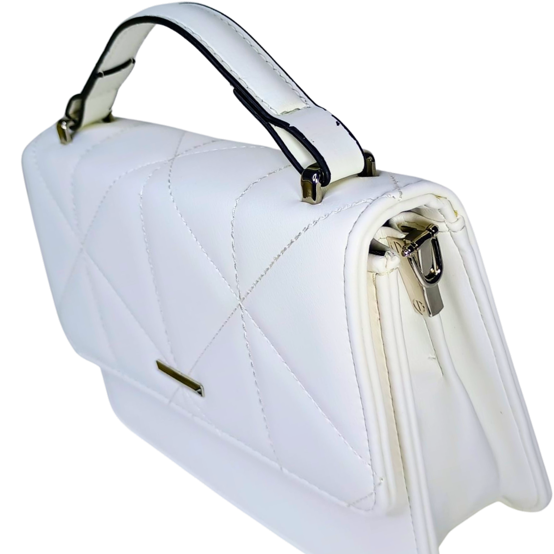 White quilted handbag with a clear plastic window on a white background