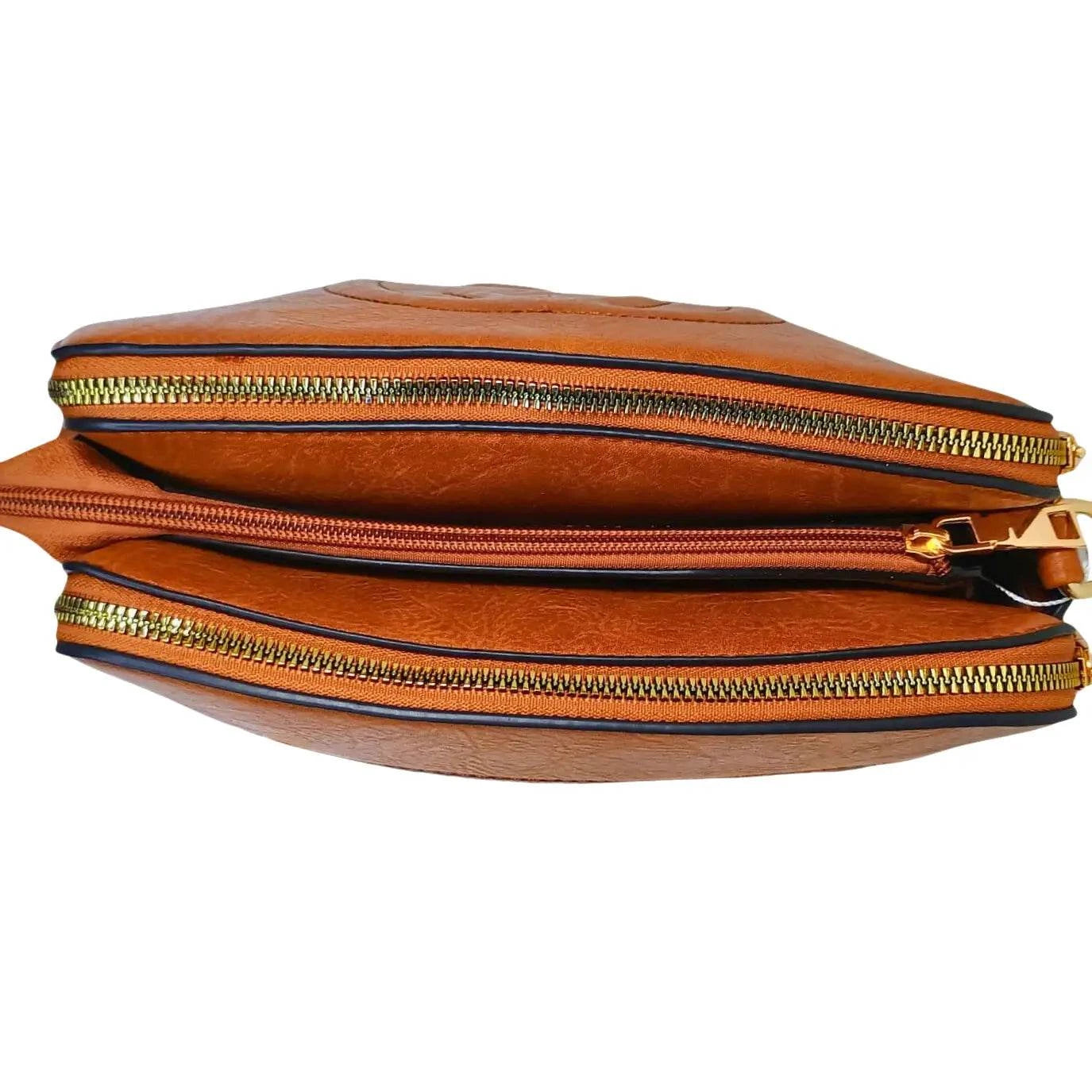 Brown Leather Handbag with Double Zipper and Removable Shoulder Strap