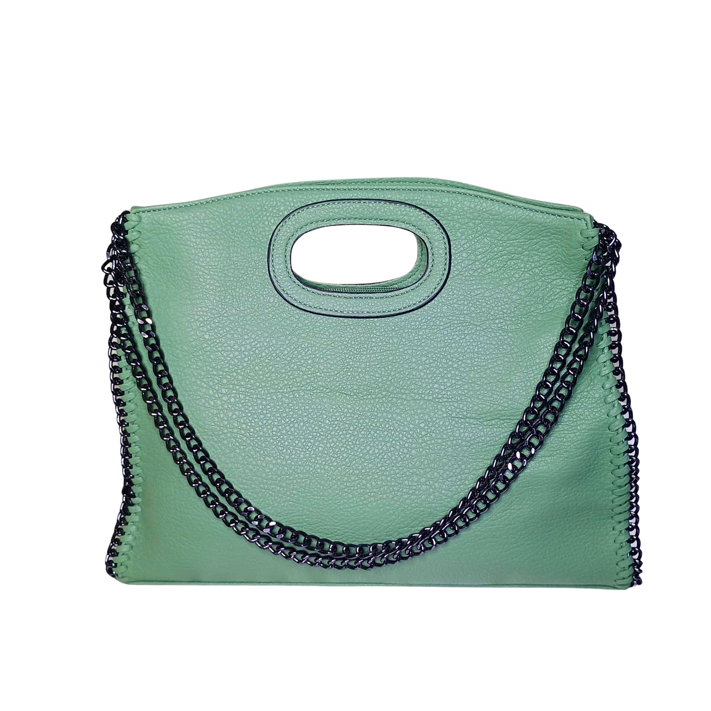 Green handbag with black chain detail on a white background